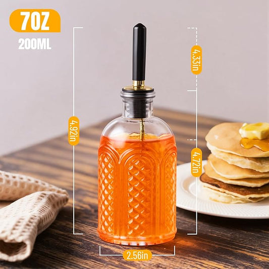 2-Pack Coffee Syrup Dispenser, 7 OZ/200ML Honey Dispenser, Small Syrup Bottles with Funnel & Extra Nozzles, Glass Syrup Dispenser for Coffee Shop, Home Kitchen