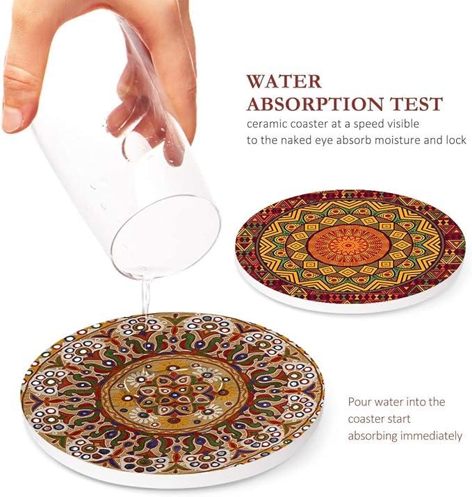 Britimes Coaster for Drinks Set of 6, Africa Mandala Circular Colorful Table Absorbent Round Ceramic Stone Mat, with Cork Base and Metal Holder, Gift for Housewarming Room Bar Decor