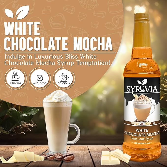 Syruvia Coffee Syrup, White Chocolate Mocha Flavored Syrup for Drinks, Lattes, and Desserts – 25.4 fl oz,