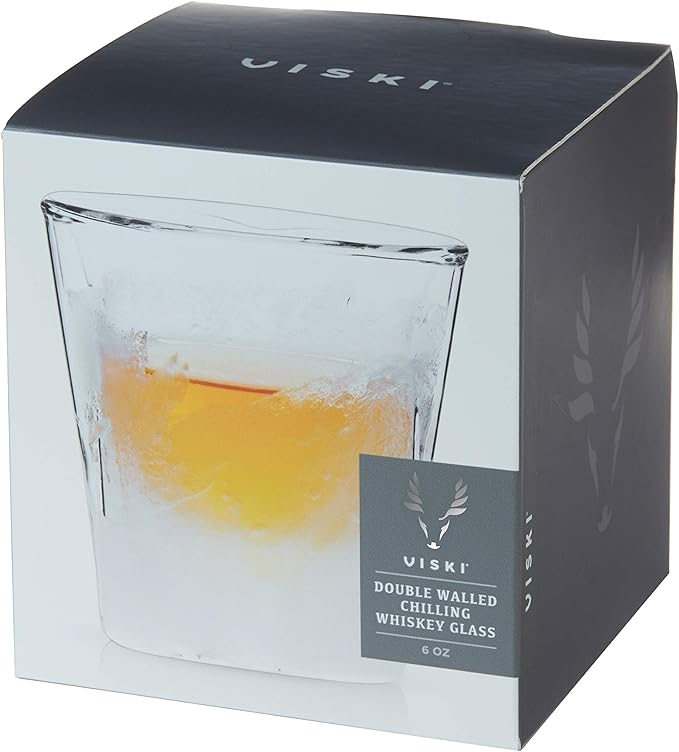 Viski Glacier Whiskey Glass, Double Walled Chilling Whiskey Glass, Active Cooling Gel, 6 Ounces, Clear Glass, Chilling Technology, Set of 1