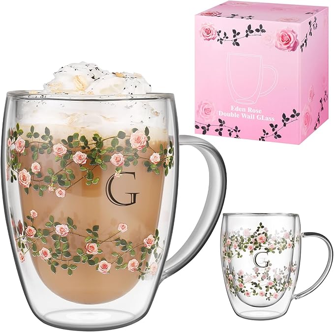 Initial Glass Cup for Women, 12oz Rose Double Walled Glass Coffee Mugs, Personalized Gifts for Women, Initial Coffee Tea Mug with Scarf, Birthday Wedding Gifts for Her Mom Teacher (ROSE-G)