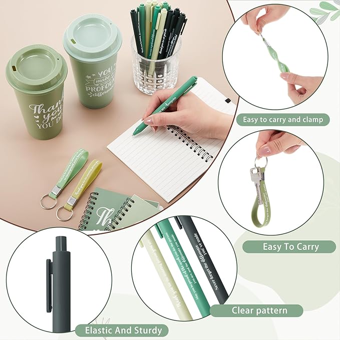 Skylety 12 Set/ 48 Pcs Employee Appreciation Gifts Bulk Thank You Inspirational Gift Set 16 oz Coffee Cups with Thank You Notebook Pen Keychain for Staff Team Teacher Coworker Friend (Green Gradient)