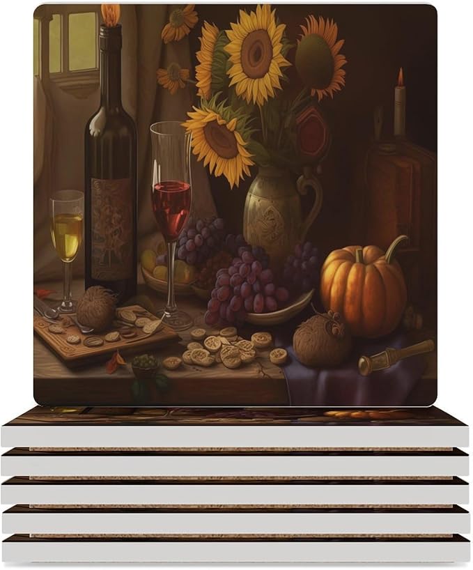 Red Wine Drink Coasters, Square Ceramic Drink Coaster Square-6PCS, Retro Red Wine Bottle and Grapes Fruit Sunflower Pattern Decor Absorbent Ceramic Coasters for Beverage Cup, Bar, Coffee Table