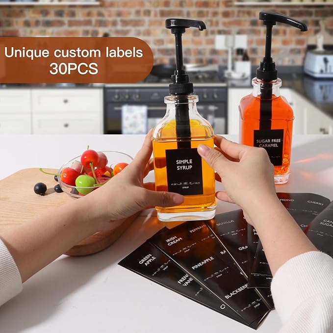 STARSIDE 16 oz Coffee Syrup Dispenser,4 pcs Clear Glass Syrup Bottle with 1/4oz Capacity Pump,Syrup Dispenser for Coffee Bar with Plastic Pump and Syrup Labels