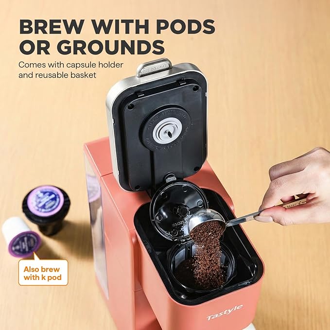 Tastyle Single Serve Coffee Maker, Iced and Hot Coffee Machine for K Cup & Grounds, Compact Design, 40oz Removable Water Reservoir, 6 to 24 Oz Brew Sizes, Fits 7.3" Travel Mug, Salmon
