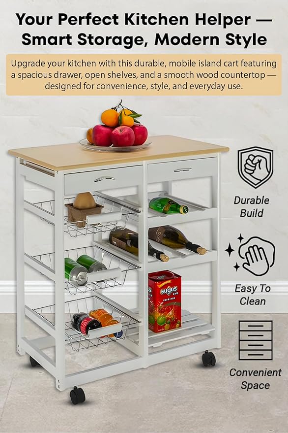 Kitchen Island Cart with Drawers, Lockable Wheels - Rolling Serving Utility Trolley - Mobile Countertop Open Shelf Storage Cabinet Basket for Dining Room, Coffee Bar (White)