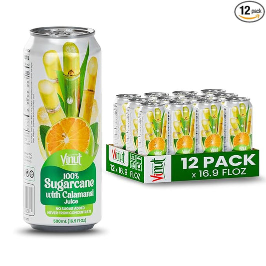 VINUT 100% Sugarcane with Calamansi Juice, No Added Sugar, Not From Concentrate, 16.9 fl oz (500 mL) Can, Pack of 12