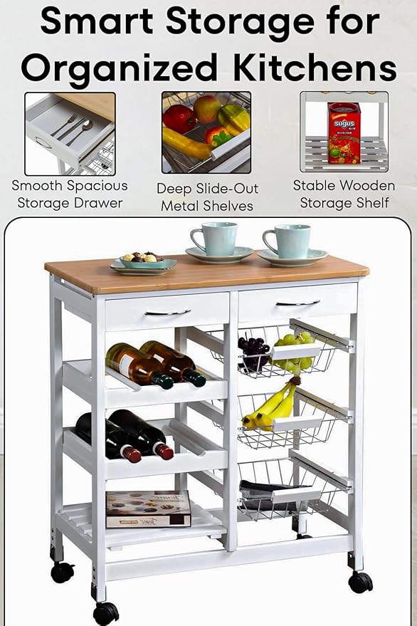 Kitchen Island Cart with Drawers, Lockable Wheels - Rolling Serving Utility Trolley - Mobile Countertop Open Shelf Storage Cabinet Basket for Dining Room, Coffee Bar (White)