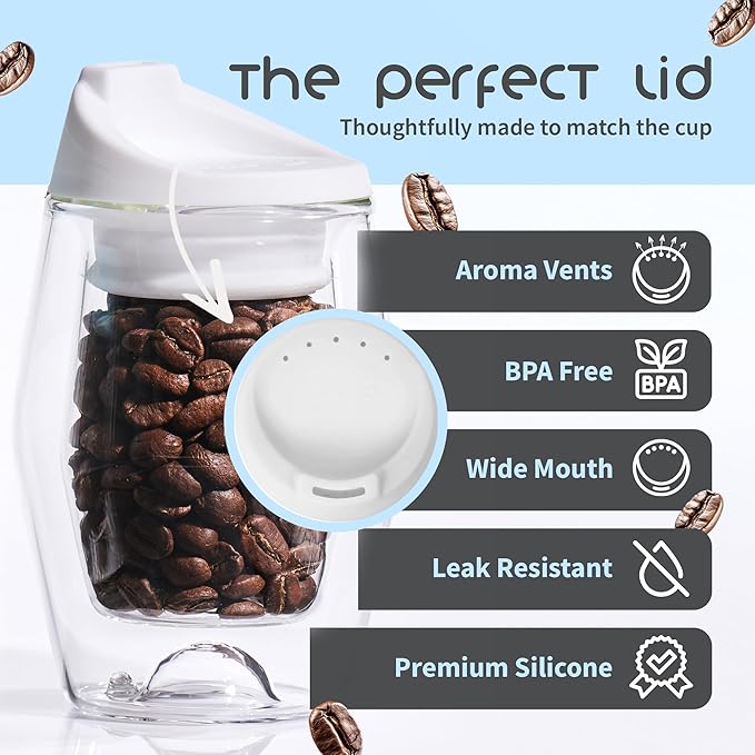 To-Go Espresso Glass Travel Mug with Lid, Reusable Double Wall Glass Tumbler, Fits Most Coffee Makers & Cupholders for Your Car, Gifts for Coffee Lovers, 4.5 oz Cortado Cup, Flat White