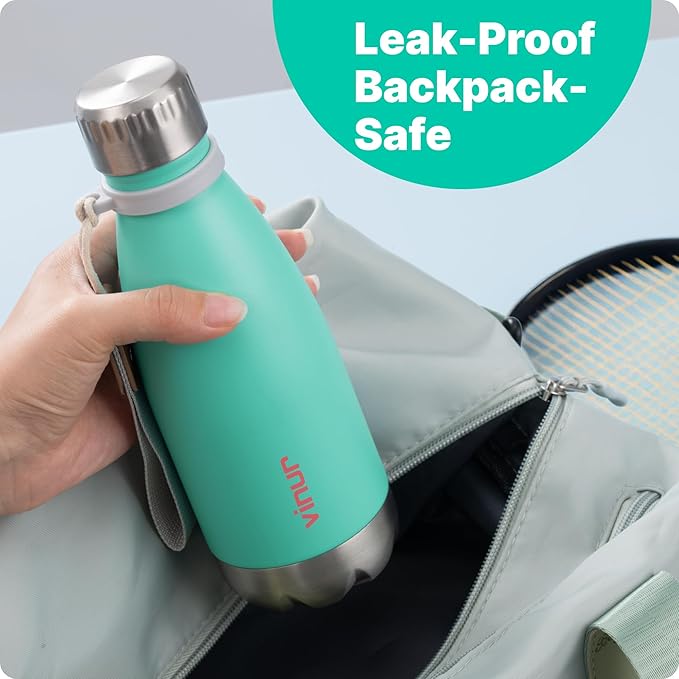 VINUR Kids Water Bottle-12 oz Stainless Steel Double Wall Vacuum Insulated Water Bottle for School-Cola Shape Flask with Carry Rope(Teal)