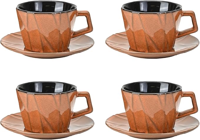MyBudsBuzz Ceramic Espresso Cups with Saucers 6 oz,Coffe Cups for Cappuccino,Latte,Tea with Saucers Set of 4 - Geometry - Brown