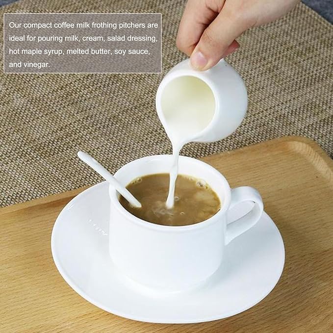 Classic White Ceramic Creamer Pitcher Set of 2 – 4 oz, Handle, Microwave & Freezer Safe (2, 4oz)