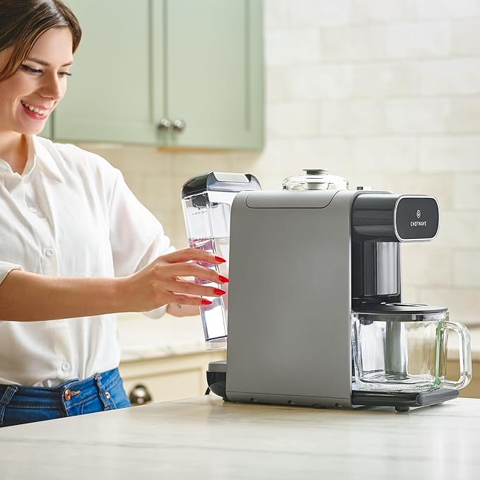 ChefWave Milkmade Soy Milk Maker (Silver/Black) 6-in-1 Vegan Plant-Based Milk Machine with Auto Clean, and Delay Start, Almond, Oat, Soy, Cashew, Coconut, Macadamia Milk Maker with Nut Platter