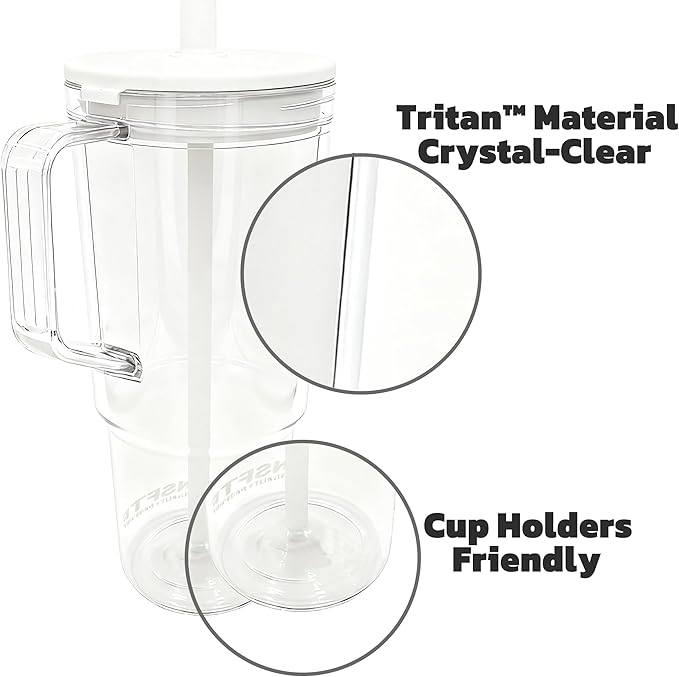 40oz Insulated Clear Tumbler with Handle and Lid & Straw, Reusable Travel Mug for Cold and Hot Drinks, Double-Wall Plastic Water Bottle | Crystal-Clear | Car Cup Holder Fit | Leakproof | BPA-Free