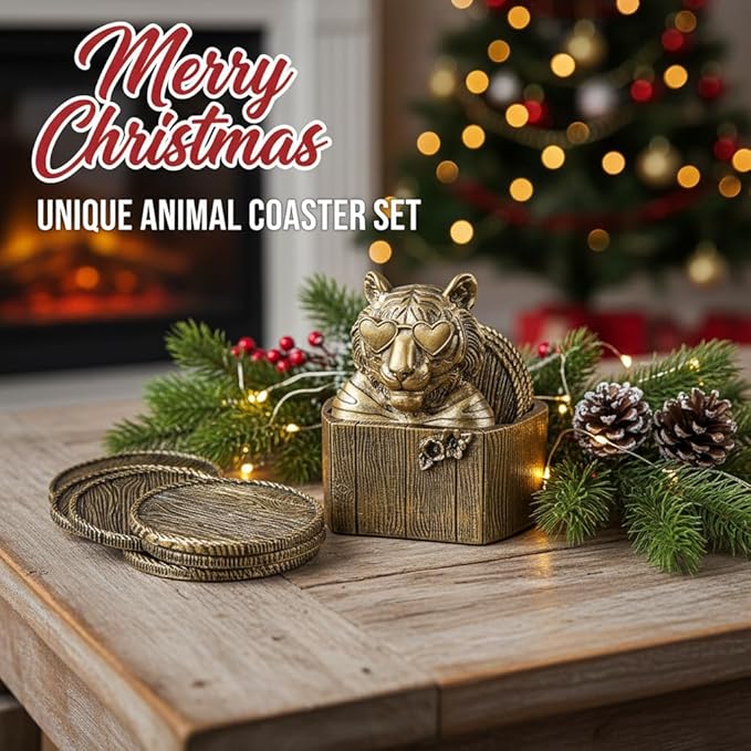 Cabin Coasters Set 6 Full Size Non-Slip Bar Coasters, Indoor Christmas Decorations, Man Cave Gifts for Men, Rustic Handmade Decor for The Home (Tiger)