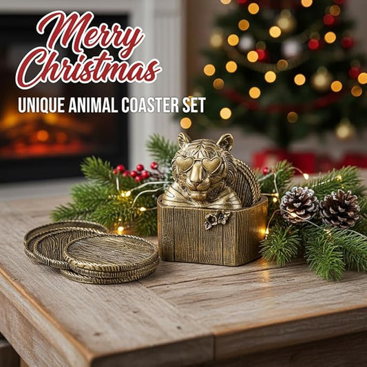 Cabin Coasters Set 6 Full Size Non-Slip Bar Coasters, Indoor Christmas Decorations, Man Cave Gifts for Men, Rustic Handmade Decor for The Home (Tiger)