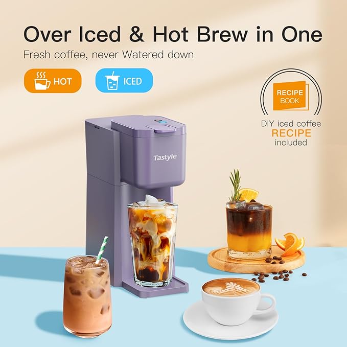 Tastyle Mini Hot and Iced Coffee Maker Single Serve, for K Cup and Ground, 6 to 14 Oz Brew Sizes, with Recipe Book, for Home, Travel, RV, Office and Dorm, Violet