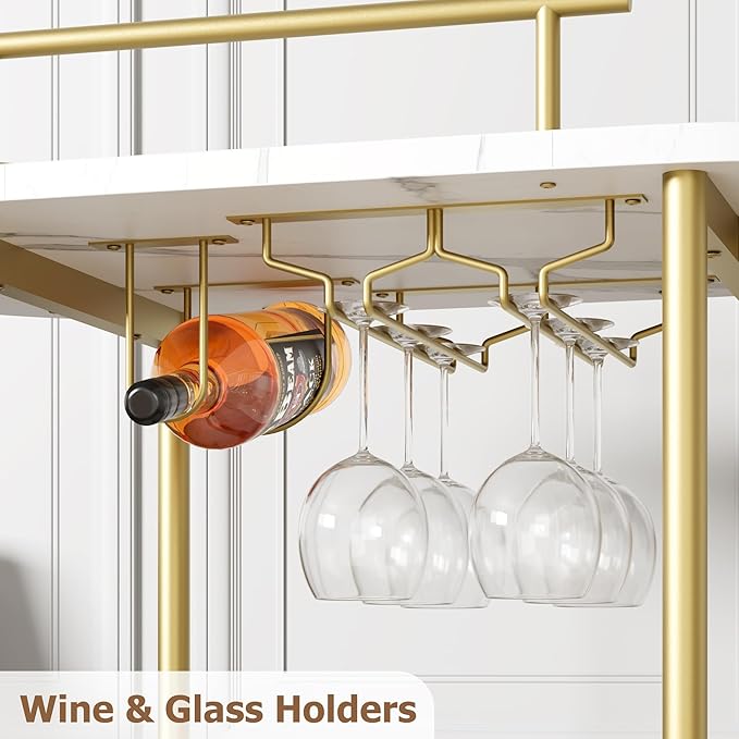 GarveeHome Gold Bar Carts with 4-Tiers Storage Shelves，Mobile Bar Seving Carts On Wheels with Wine Rack and Glass Holder for Kitchen, Dining Room, Living Room-Gold+White