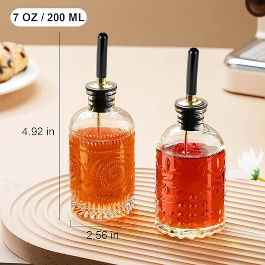 Glass Coffee Syrup Dispenser Bottles Set 2 Pack 7 OZ, Simple Syrup Bottles with Metal Pour Spout, Syrup Dispenser for Coffee Bar Accessories for Maple Honey Syrup Oil and Sauces