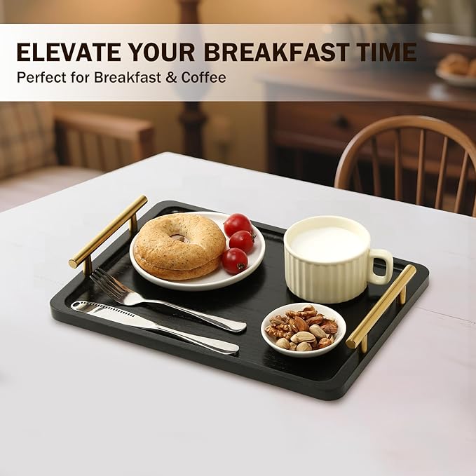 PEKER Wooden Serving Tray with Metal Handles, Black Decorative Coffee Table Tray for Breakfast in Bed, Ottoman & Home Décor, Wooden Food Tray for Kitchen, Living Room & Dining Table