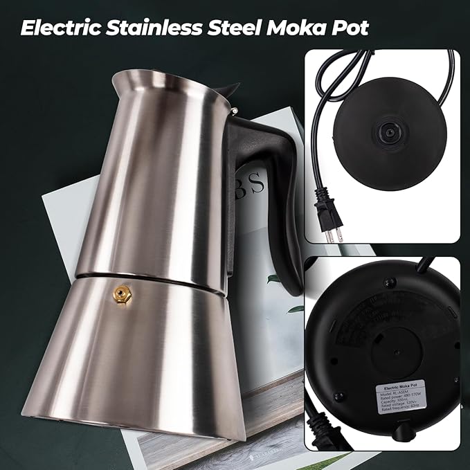 Vaolvpant Electric Stainless Steel Moka Pot 6 Cup 300ml Mocha Pot Espresso Maker with Detachable Base Ideal Coffee Maker for Home Italian and Cuban Café Coffee maker Espresso maker Coffee Pot