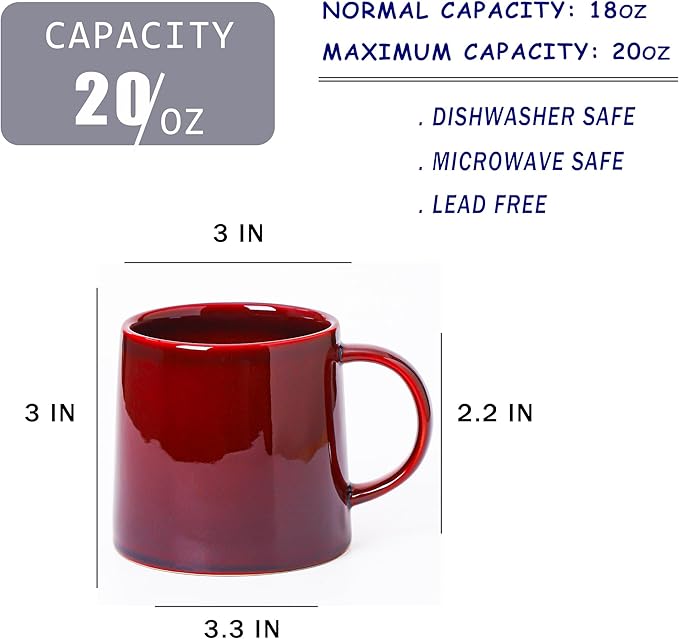 Mkour 20oz Large Ceramic Coffee Mugs, Handmade Cup, Big Tea Cups with Large Handle for Office and Home, Microwave and Dishwasher Safe (Red)