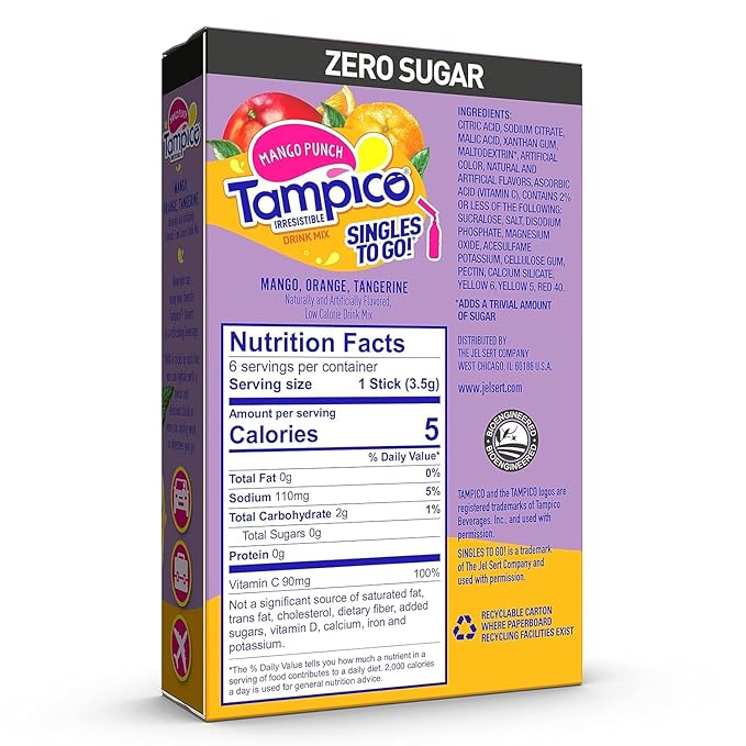 Tampico Singles To Go Drink Mix Packets, Mango Punch, Zero Sugar, Low Calorie, 100% DV of Vitamin C per Serving, Convenient, On-The-Go Water Enhancers, 6 Count (Pack - 3)