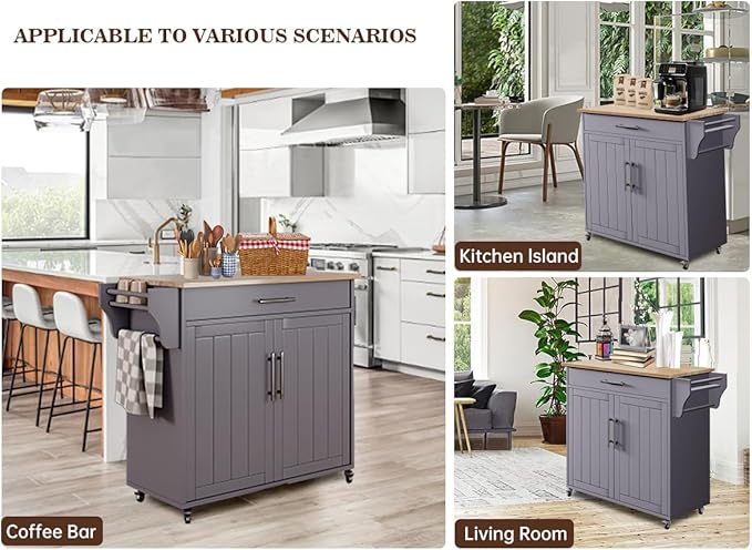 Kitchen Storage Island, Wooden Rolling Kitchen Island On Wheels with Countertop, Mobile Kitchen Island Cart with Towel Rack, Spice Rack and Drawers, Grey