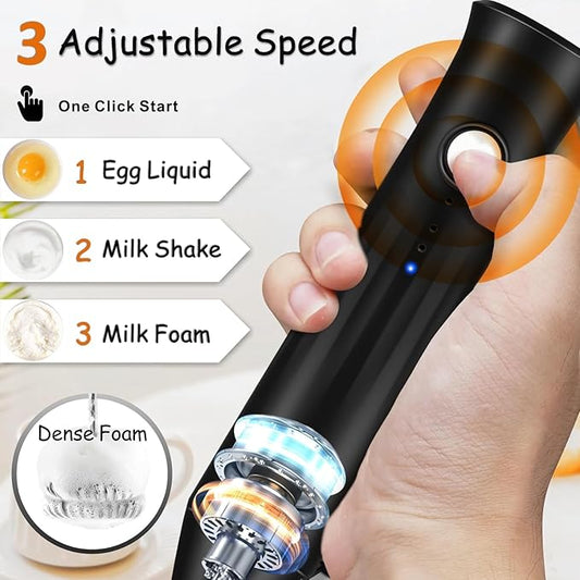 Milk Frother Handheld Rechargeable USB C, 3-in-1 Coffee Frother Wand Drink Mixer Electric Whisk Stirrer with 3 Detachable Stainless Steel Heads, 3 Speed Powder Mixer Foam Maker for Latte, Matcha,Black