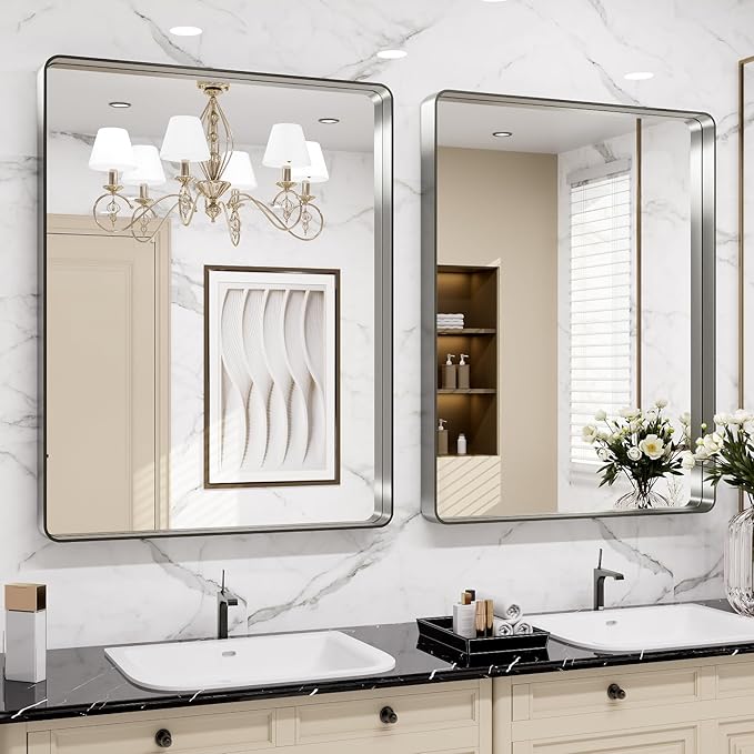 LOAAO 28X36 Inch Brushed Nickel Bathroom Mirror, Rounded Rectangle Silver Metal Frame Mirror, Brushed Nickel, Anti-Rust, Shatter Proof, Hangs Horizontally or Vertically