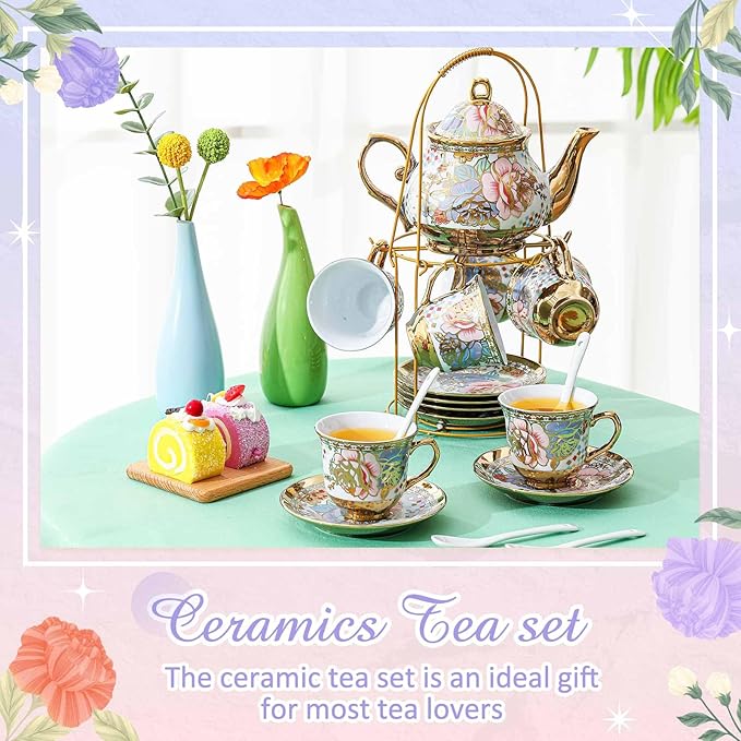 Zhehao 20 Pcs Porcelain Tea Set with Metal Holder and Spoon Adult Ceramic Tea Set European Flower Painting Teapot Cup Saucer Spoon for Women, Large Version(Rustic Style)