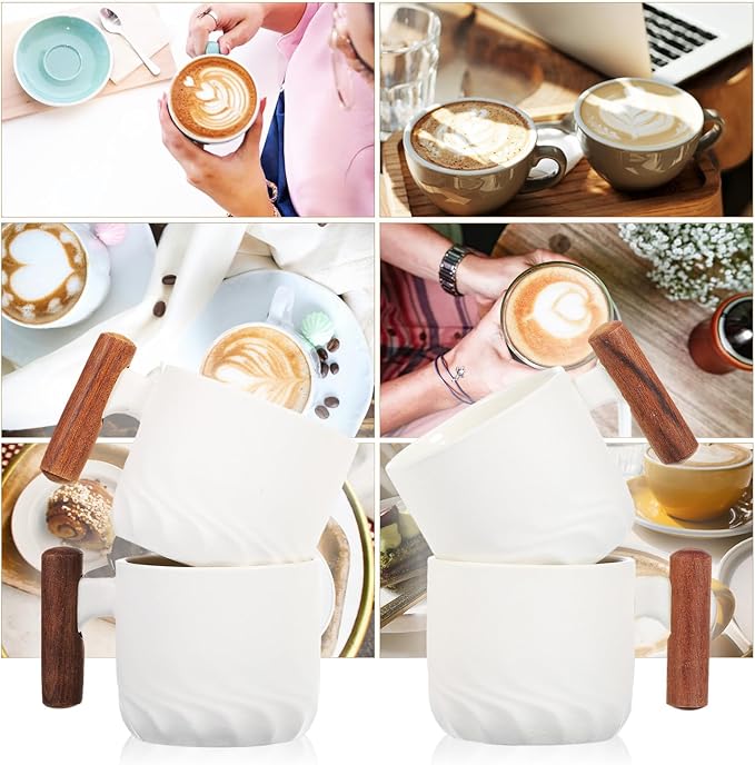 RUNROTOO Porcelain Ceramic Tea Cups, Espresso Cups Wooden Handle, Modern Demitasse, Microwave and Dishwasher Safe
