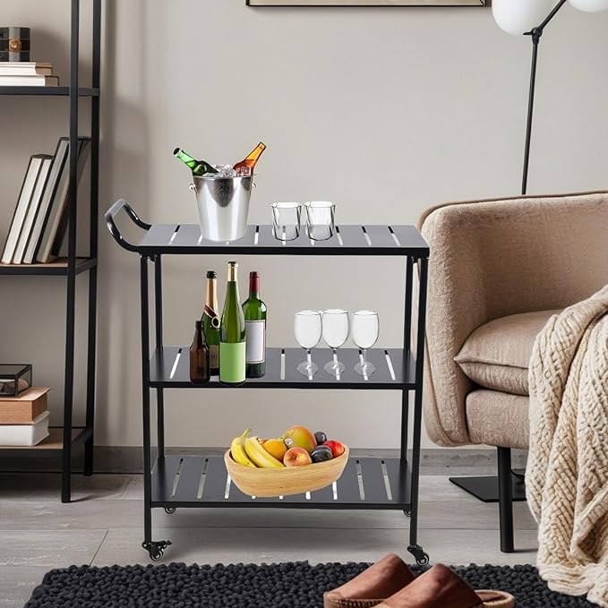 Modern Kitchen Bar Cart on Wheels Metal Rolling Serving Carts with 3 Tier for Storage Mobile Kitchen Island with Lockable Casters and Side Handle for Outdoor& Indoor -33.5 * 15.7 * 37.2inch(L*W*H)