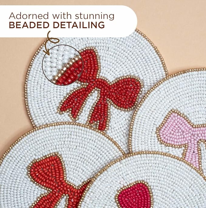 Folkulture Valentine Beaded Coasters Set of 4 (4″) | Handmade Boho Drink Coasters, Decorative Table Protection for Coffee & Cocktails | Romantic Gift for Her | Cute Valentine Table Décorations