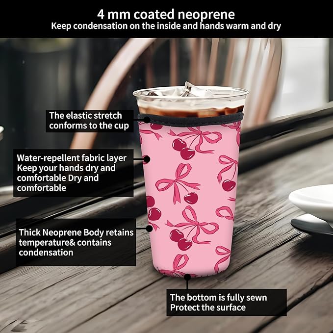 Reusable Neoprene Insulator Sleeve for Iced Coffee Cold Soda Cups, Cute Durable Drink Sleeve for Cold Beverages, Medium 22-28oz Cup Sleeve Cute Pink Bow
