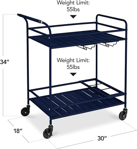 Best Choice Products Rolling Bar Cart, Mobile Home Bar Serving Cart, Serving Station w/ 2 Tier Shelves, Wine Rack, Lockable Wheels - Navy