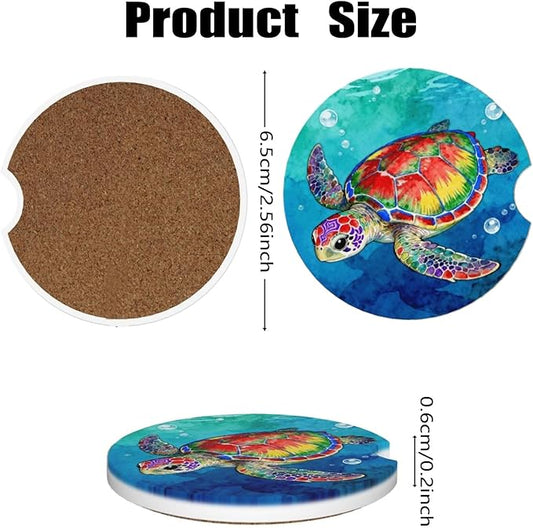 Car Cup Holder Coasters, 2 Pcs Ceramic Coasters with Finger Slot and Cork Back, Anti-Slip Shock Absorbing Women and Men Universal Car Accessories - Colorful Sea Turtle