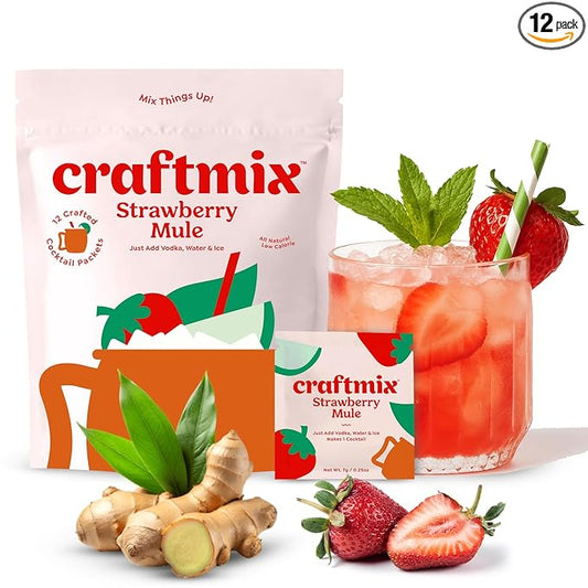Craftmix Strawberry Mule Cocktail & Mocktail Drink Mixer, Skinny Mixes - Water Flavoring Packets - Made With Real Fruit - Vegan, Low-Carb, Low-Sugar, Non-GMO, Dairy Free, Gluten Free, 12 Pack