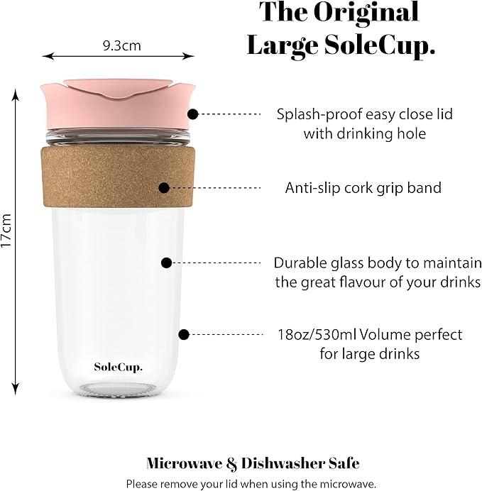 Large Travel Mug - Reusable Insulated Coffee Mug - 18oz/530ml BPA-Free Hot Drink Travel Mug with Lid & Cork Band (Pink, 18oz)