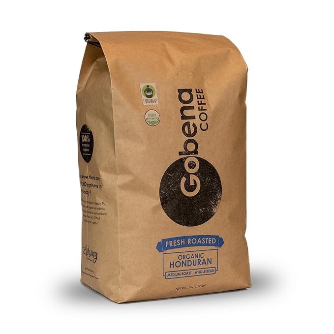 Gobena Coffee 5lb Fair Trade Organic Certified Honduran Medium Roast Whole Bean, 100% Arabica Specialty Coffee, 80 ounces, 5 pounds, Bulk
