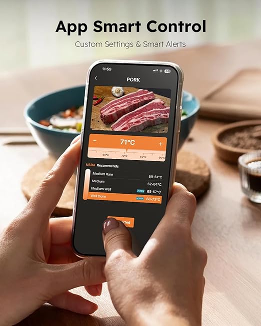 AYMDKI Wireless Meat Thermometer with App Control, 600FT Bluetooth Range, 2 Probes & 6 Sensors, 0.5S Instant Read, LCD Display, IP67 Waterproof Real-Time Monitoring & Smart Alerts for BBQ, Grill, Oven