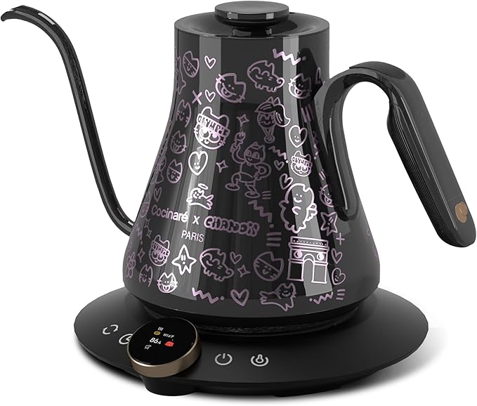 Cocinare Collab Collection Chanior Black Gooseneck Electric Kettle, ±0.5℉ Precise Temperature Control for Pour-Over Coffee & Tea, Quick Heating 1500W, Stainless Steel Interior, 0.9L