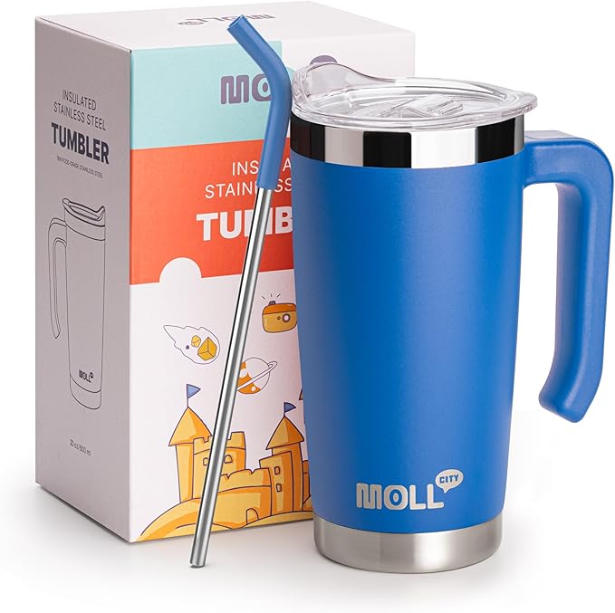 20 oz Travel Coffee Mug with Handle Kids Stainless Steel Double Wall Vacuum Insulated Tumbler Cup with Leakproof Slide Seal Lid and Straw, BPA Free (Navy)