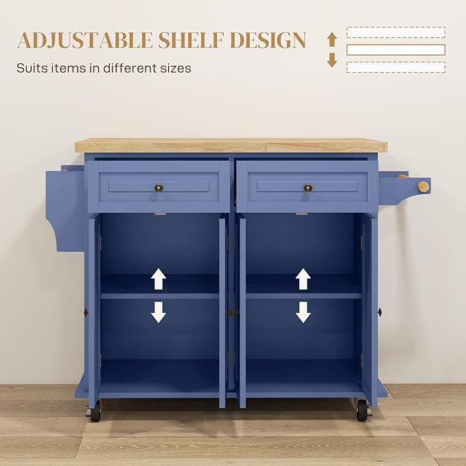 HOMCOM Kitchen Island Cart with Rubber Wood Top, Rolling Kitchen Island Table on Wheels with Drawers, Adjustable Shelves, Spice Rack and Towel Rack for Dining Room, Navy Blue