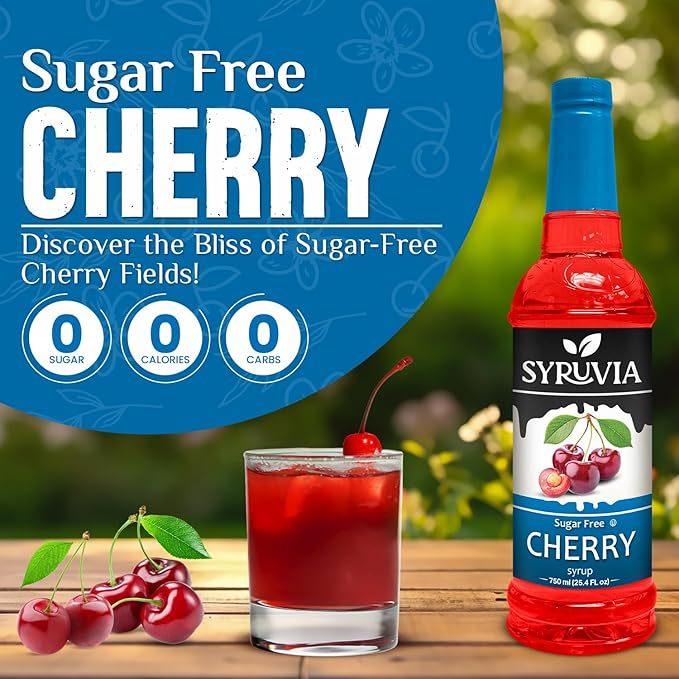 Syruvia Sugar-Free Cherry Syrup, Flavored Syrup for Drinks, Cocktails, Lemonades, Iced Teas, and Desserts – 25.4 fl oz, With Pump