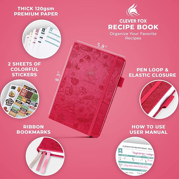 Clever Fox Recipe Book – Blank Family Cookbook – Empty Cooking Journal – Notebook Organizer to Write In Recipes – Medium, A5 (Hot Pink)