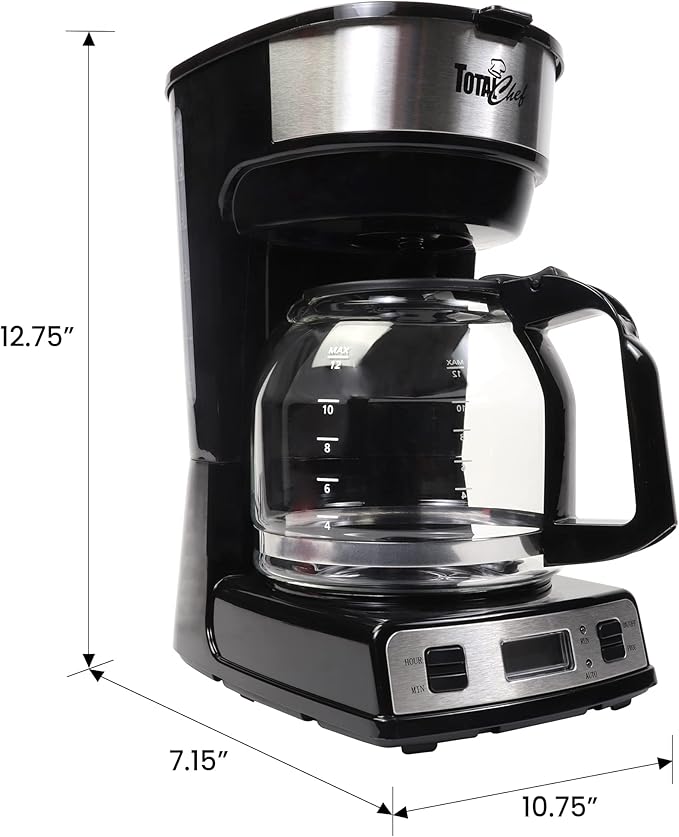 Total Chef Drip Coffee Maker - 12-Cup Programmable Coffee Machine With Glass Pot, Pause and Pour, Auto Shut-Off, Large Water Reservoir, Reusable Filter, Dishwasher Safe Carafe, Percoladora de Café