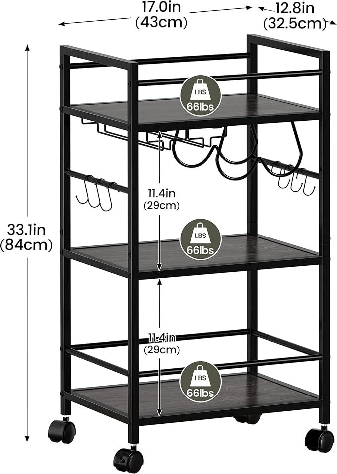 Bar Cart, Serving Cart for Home, Microwave Cart, Drink Cart, Mobile Kitchen Shelf with Wine Rack and Glass Holder, Rolling Beverage Cart for Dining Room, Grey