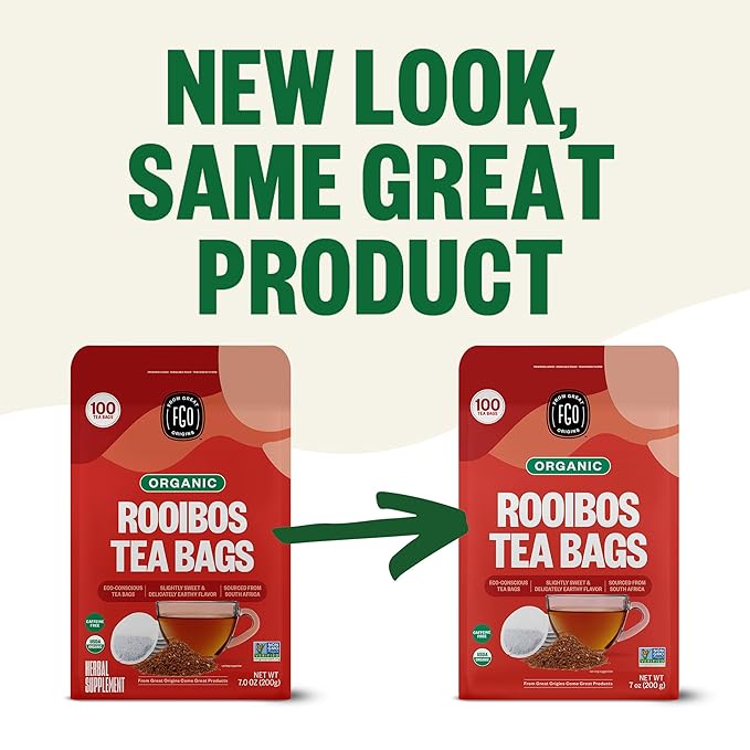 FGO Organic Rooibos Tea, 100 Count, Eco-Conscious Tea Bags, Caffeine Free, Packaging May Vary (Pack of 1)