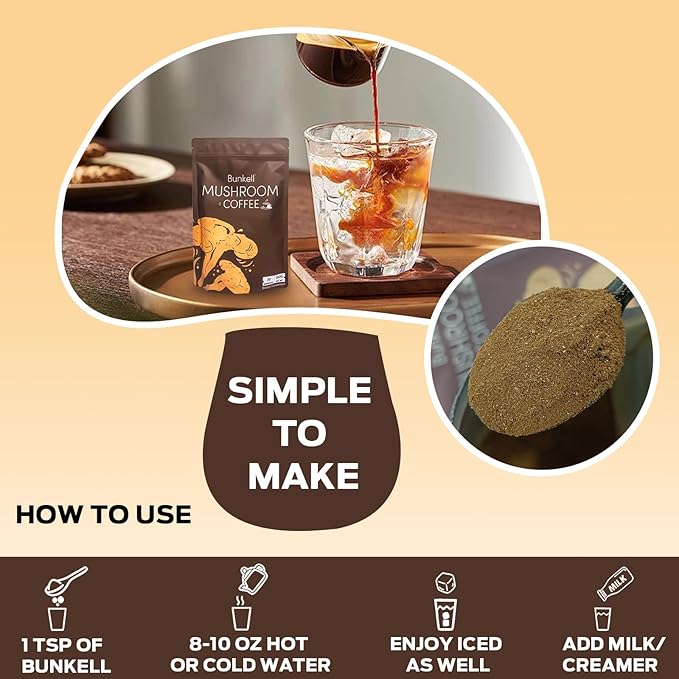 Mushroom Coffee, Adaptogenic 6 Mushrooms with Lion's Mane, Reishi, Cordyceps, Shiitake, King Trumpet & Turkey Tail, Instant Coffee Powder for Energy, Digestion & Immune Support, 30 Servings
